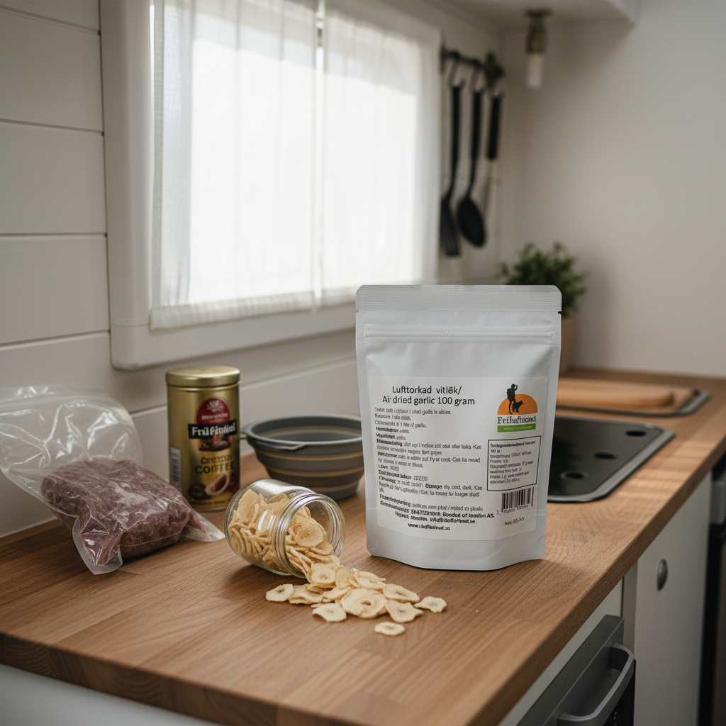 Husbilskök med lufttorkad vitlök