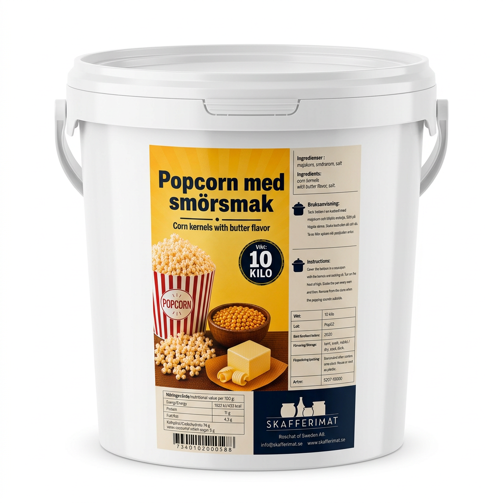 Produktbild för 10 kg popcorn i stor vit hink med Skafferimats etikett